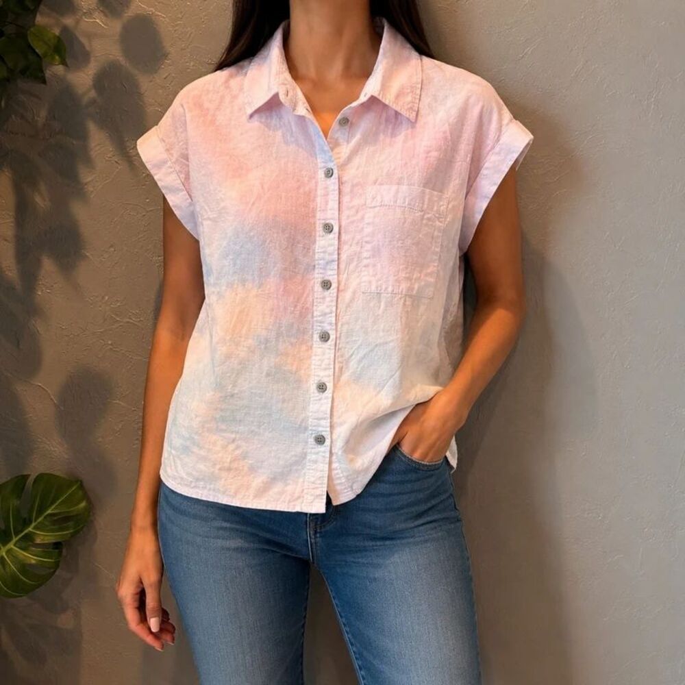 Style & Co Pastel Tie Dye Boho Casual Cotton Slub Camp Shirt Top PS